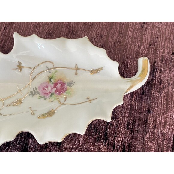 Vintage Arnat Porcelain Vanity Trinket Leaf Dish, Tray, Hand Painted Gold  Trimm - Picture 6 of 10